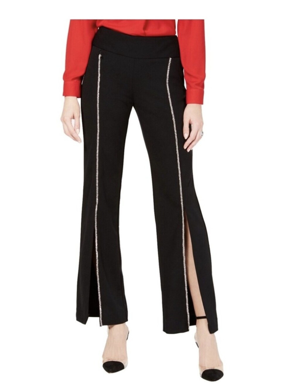 INC INTERNATIONAL CONCEPTS Black Wide Split-Hem Pants/Rhinestone Trim SZ.8P NWT